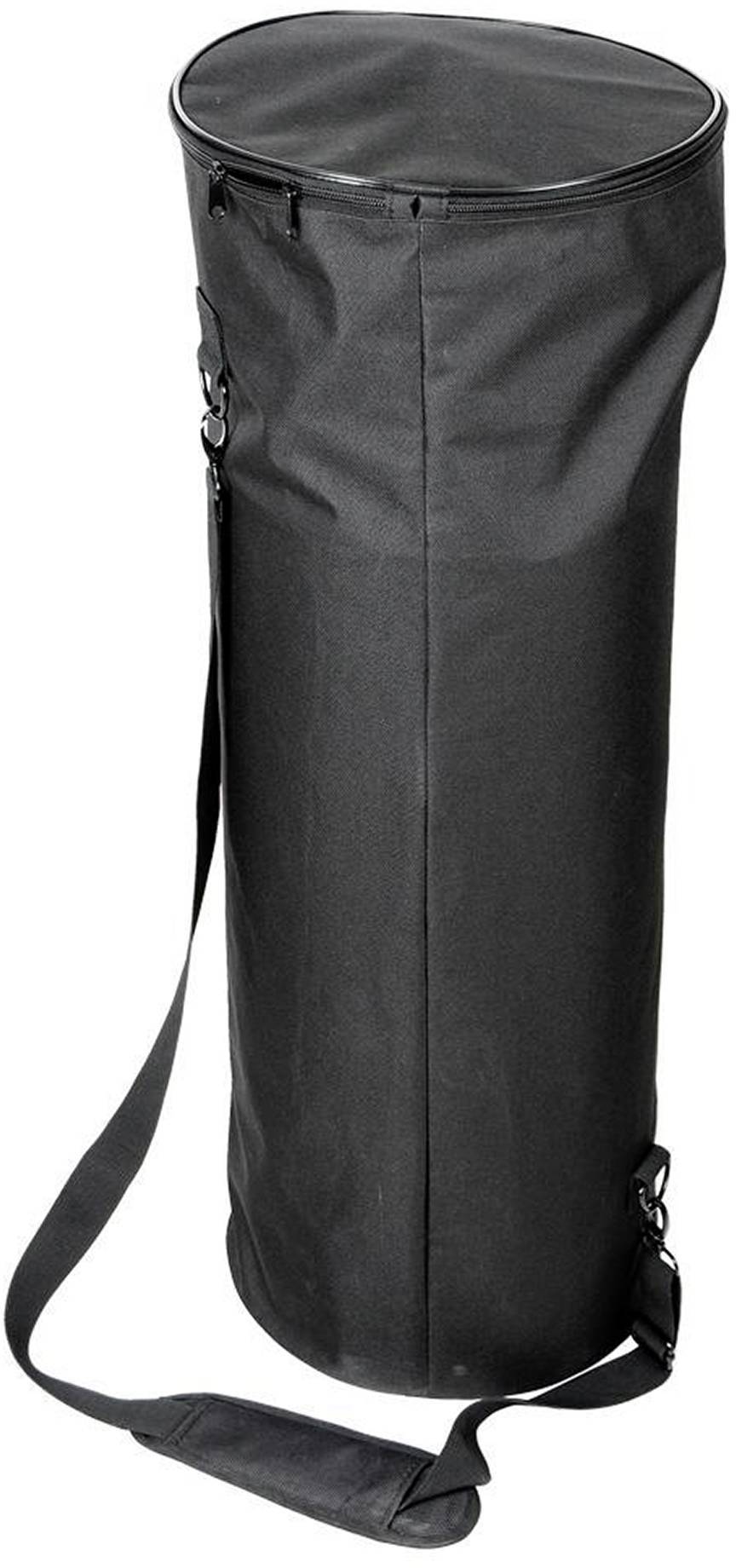 Czarna, cylindryczna torba na ramię, odpowiednia do transportu dużych przedmiotów lub sprzętu.