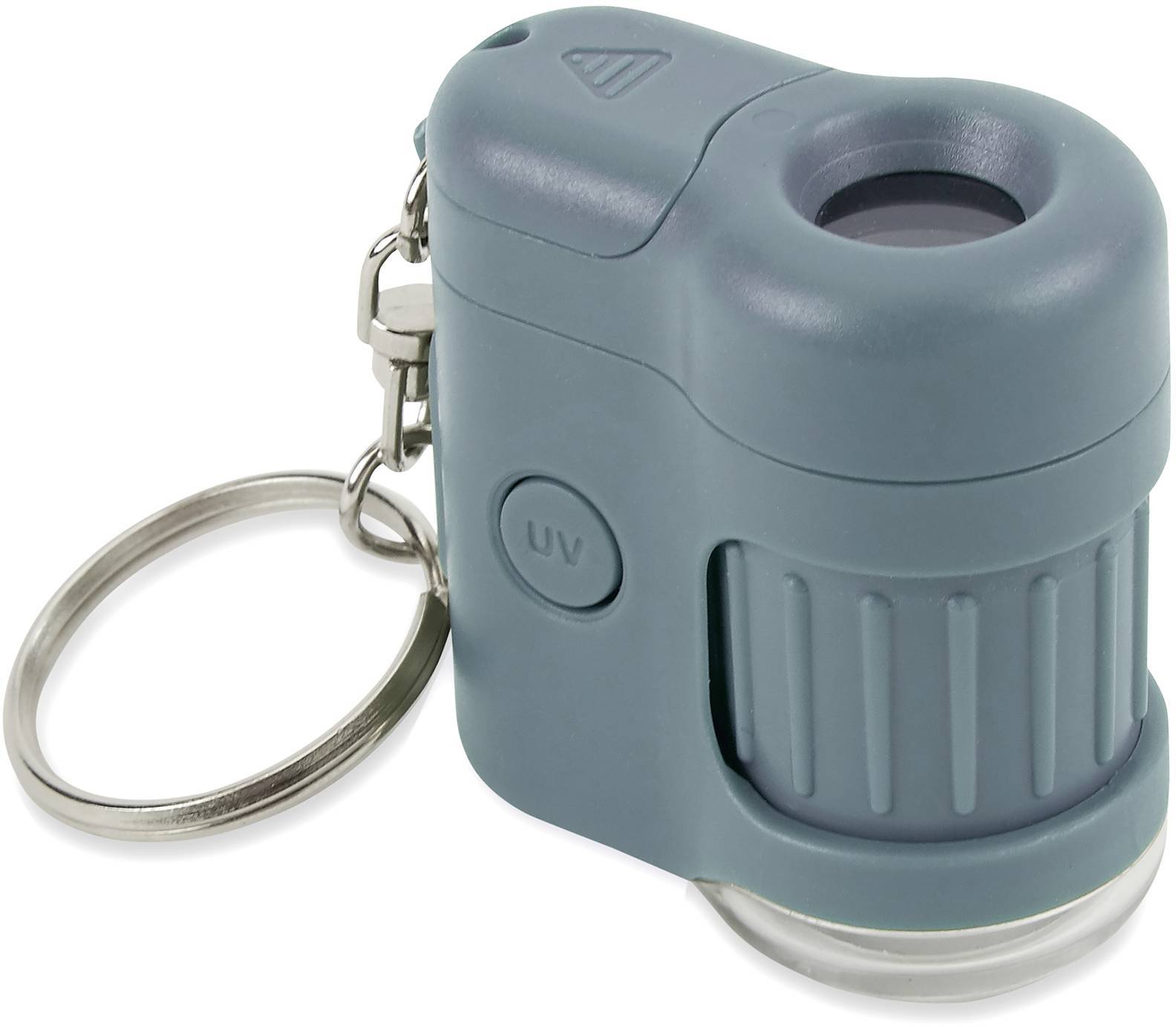 Niebieskie, kompaktowe mikroskop kieszonkowe z breloczkiem, z widocznym przyciskiem UV z boku.