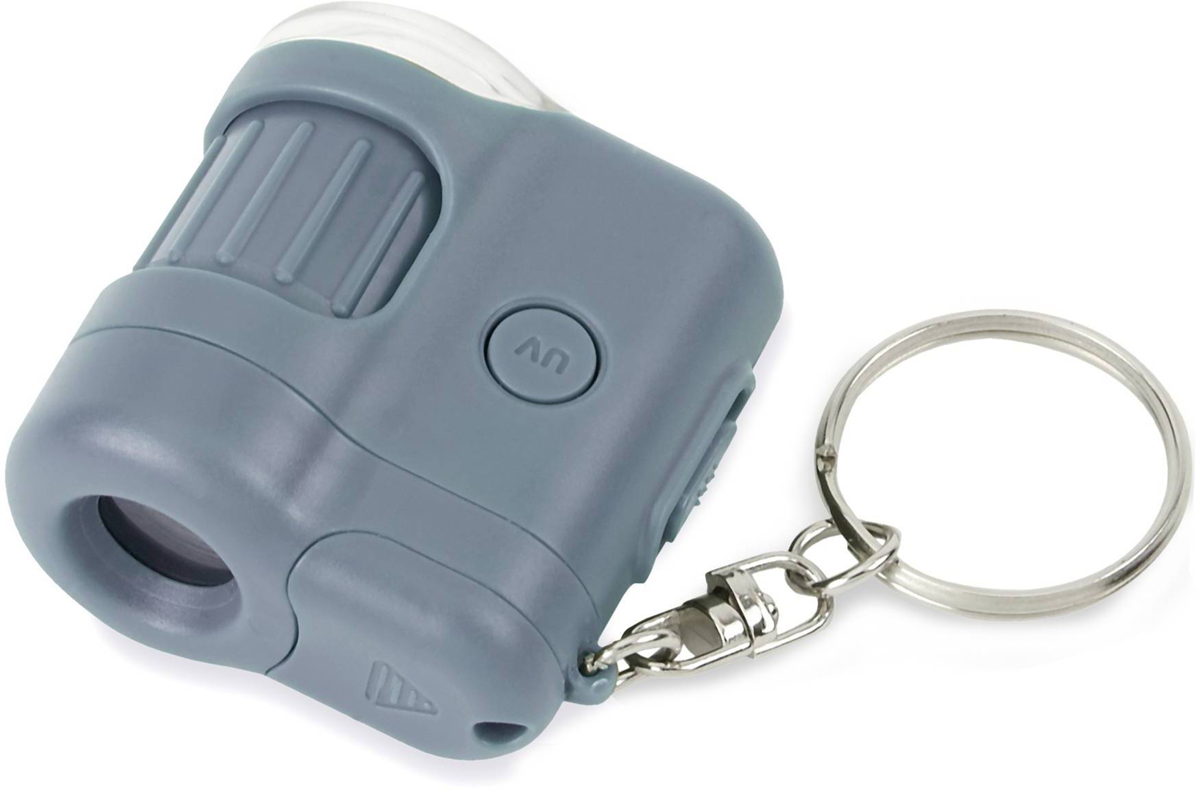Niebieskie urządzenie przypominające latarkę z kółkiem na klucze, przydatne do szybkiego użycia i możliwe do noszenia jako brelok.