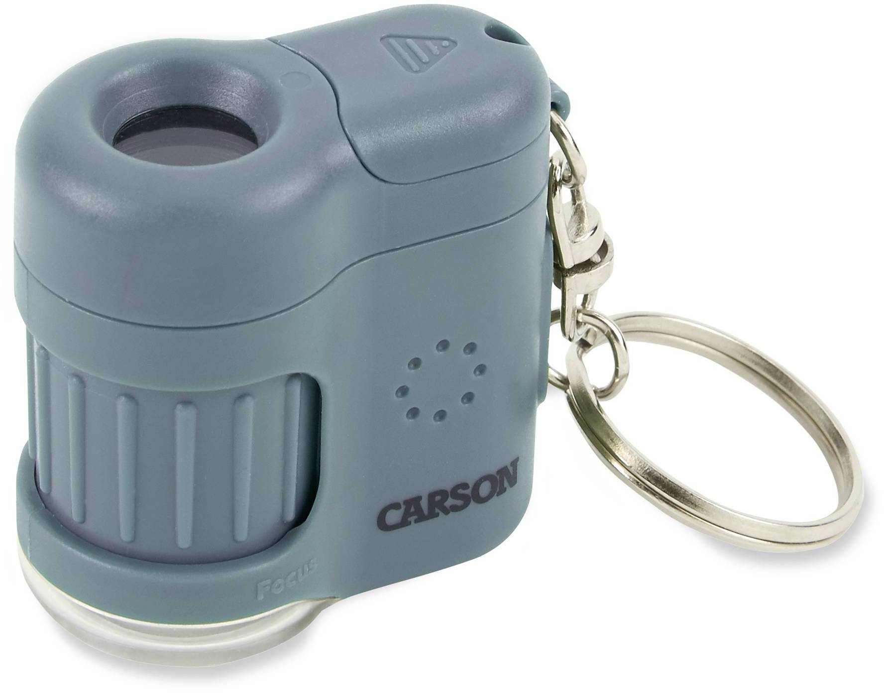 Kompaktowa, niebiesko-szara lupa kieszonkowa z breloczkiem, idealna do noszenia ze sobą. Górne okienko wizyjne oraz pokrętło ostrości widoczne z boku.