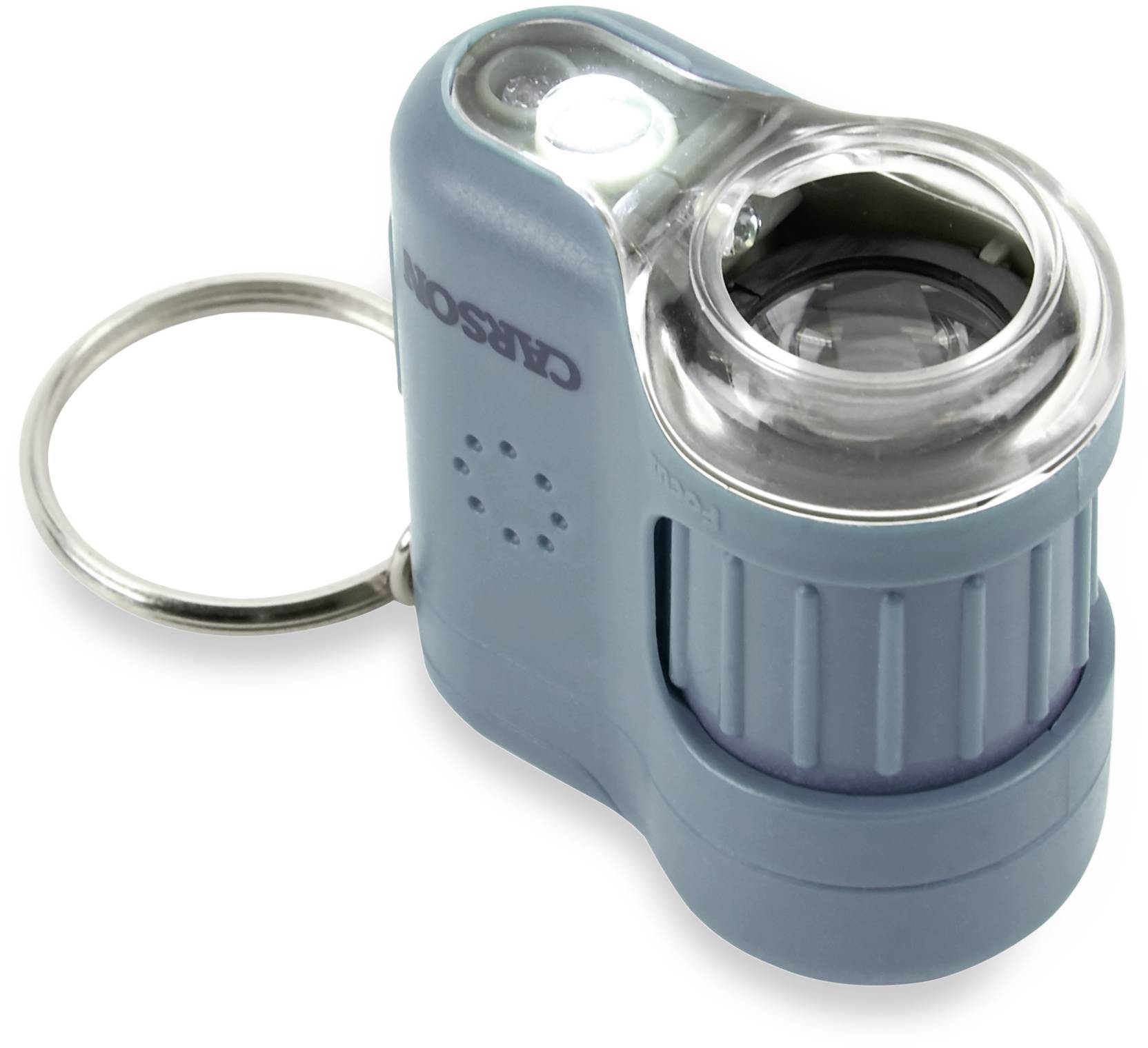 Niebieski mikroskop kieszonkowy z zawieszką na kluczyk. Góra urządzenia prezentuje soczewkę i małą lampkę LED. Nazwa marki widoczna na boku.