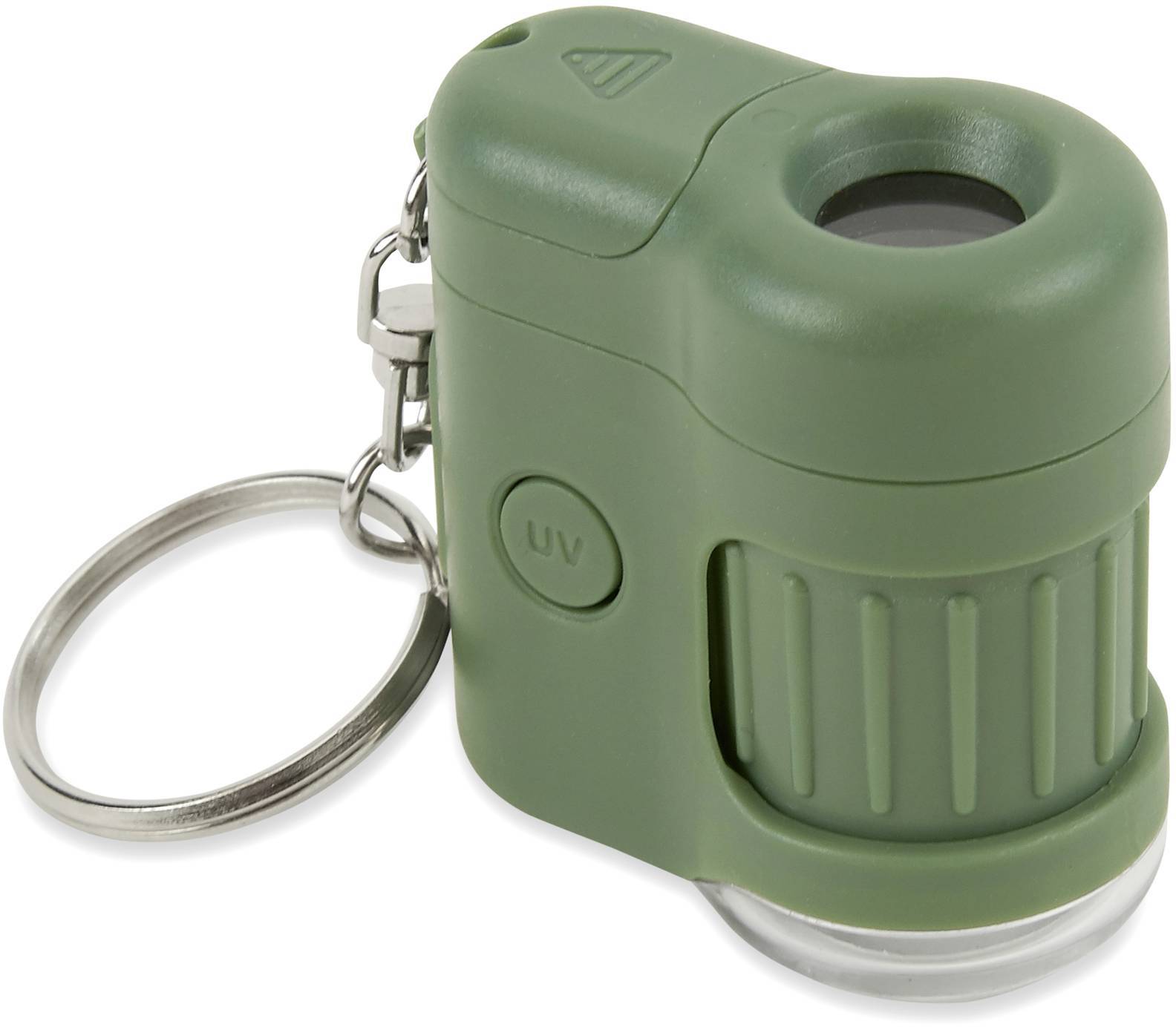 Zielony brelok UV z lupą z szarym obiektywem i metalowym pierścieniem. Kompaktowy i przenośny, przydatny do oglądania szczegółów w podróży.