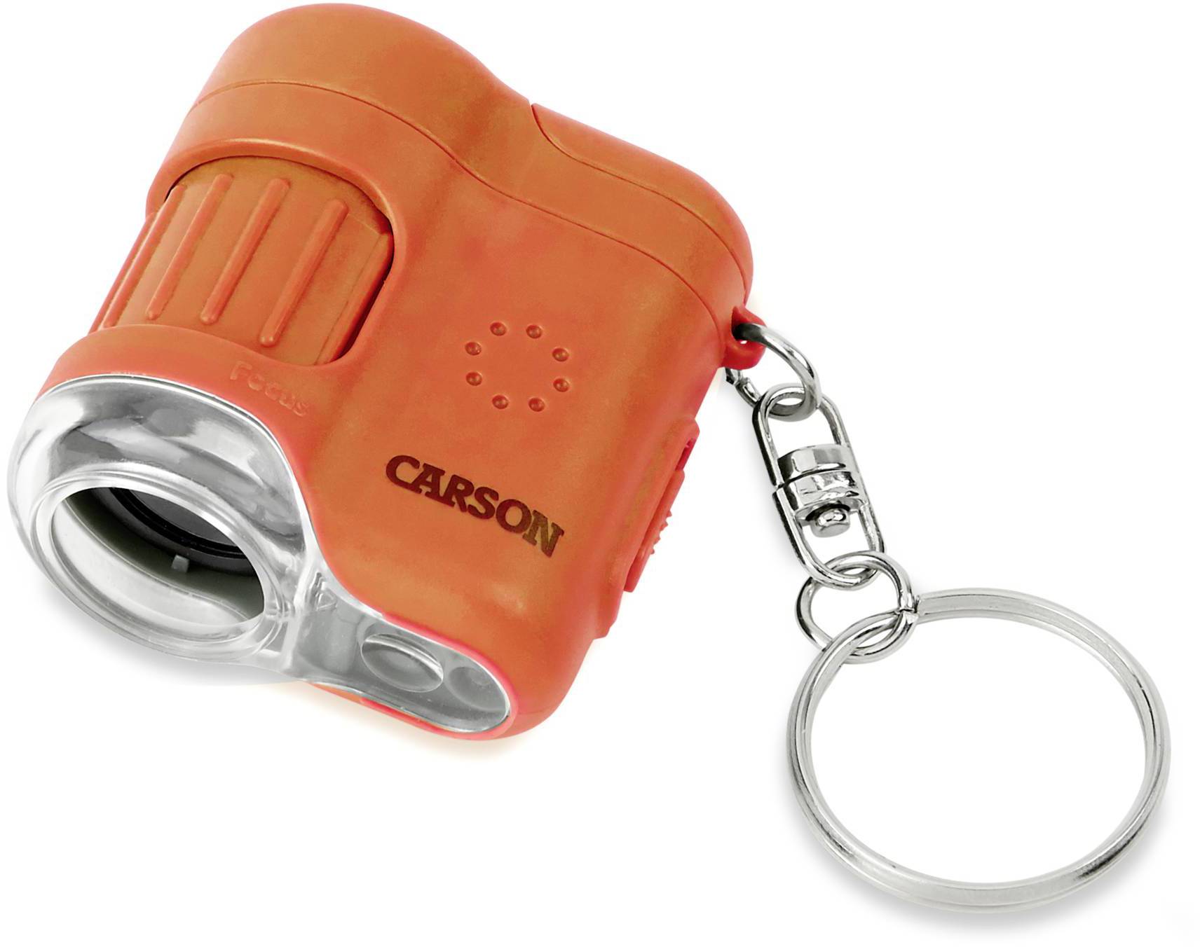 Pomarańczowy, przenośny, prostokątny brelok z wbudowaną lupą i metalowym kółkiem na klucze.