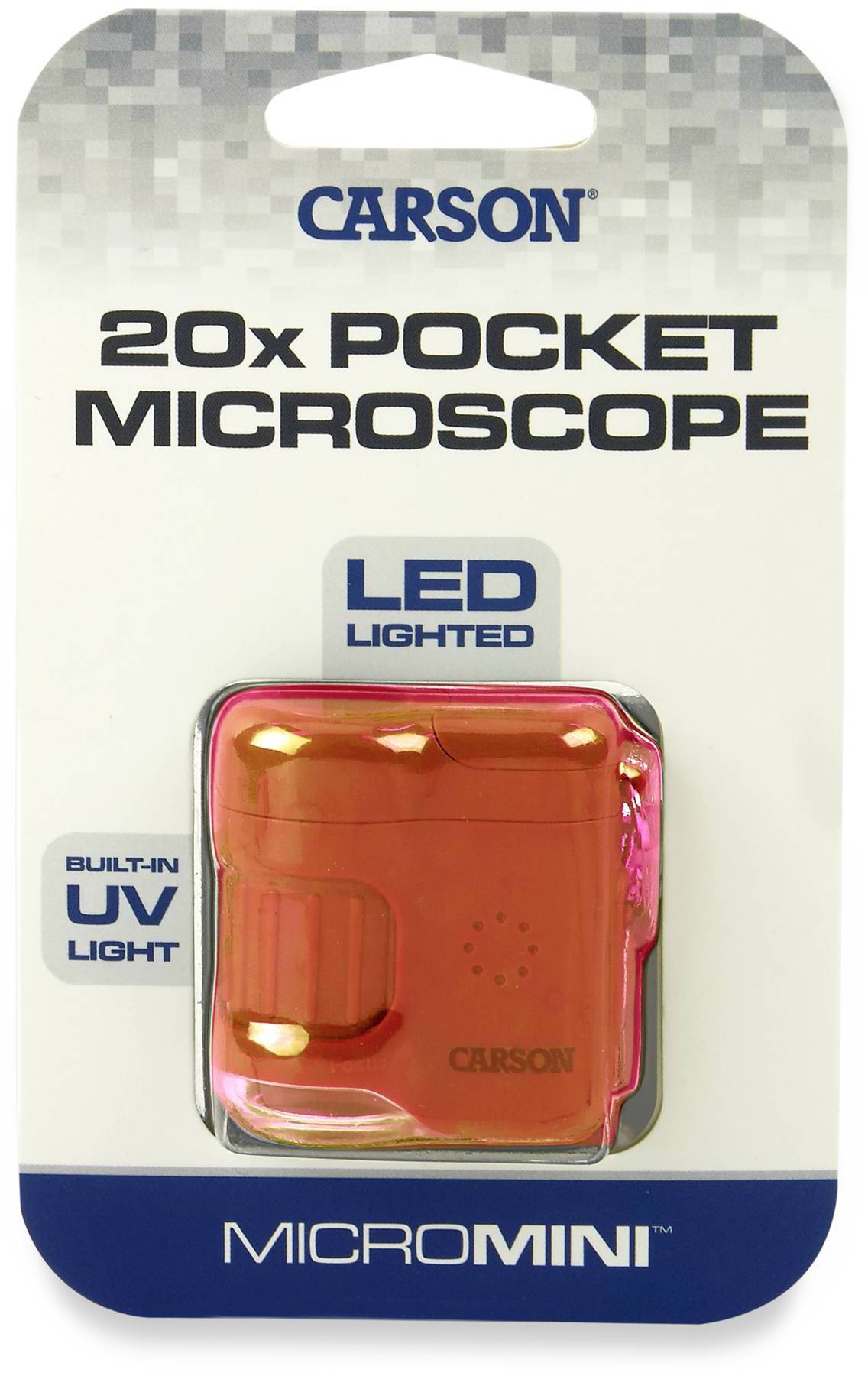 Opakowanie kieszonkowego mikroskopu Carson z 20-krotnym powiększeniem. Wyposażone w oświetlenie LED oraz zintegrowane światło UV.