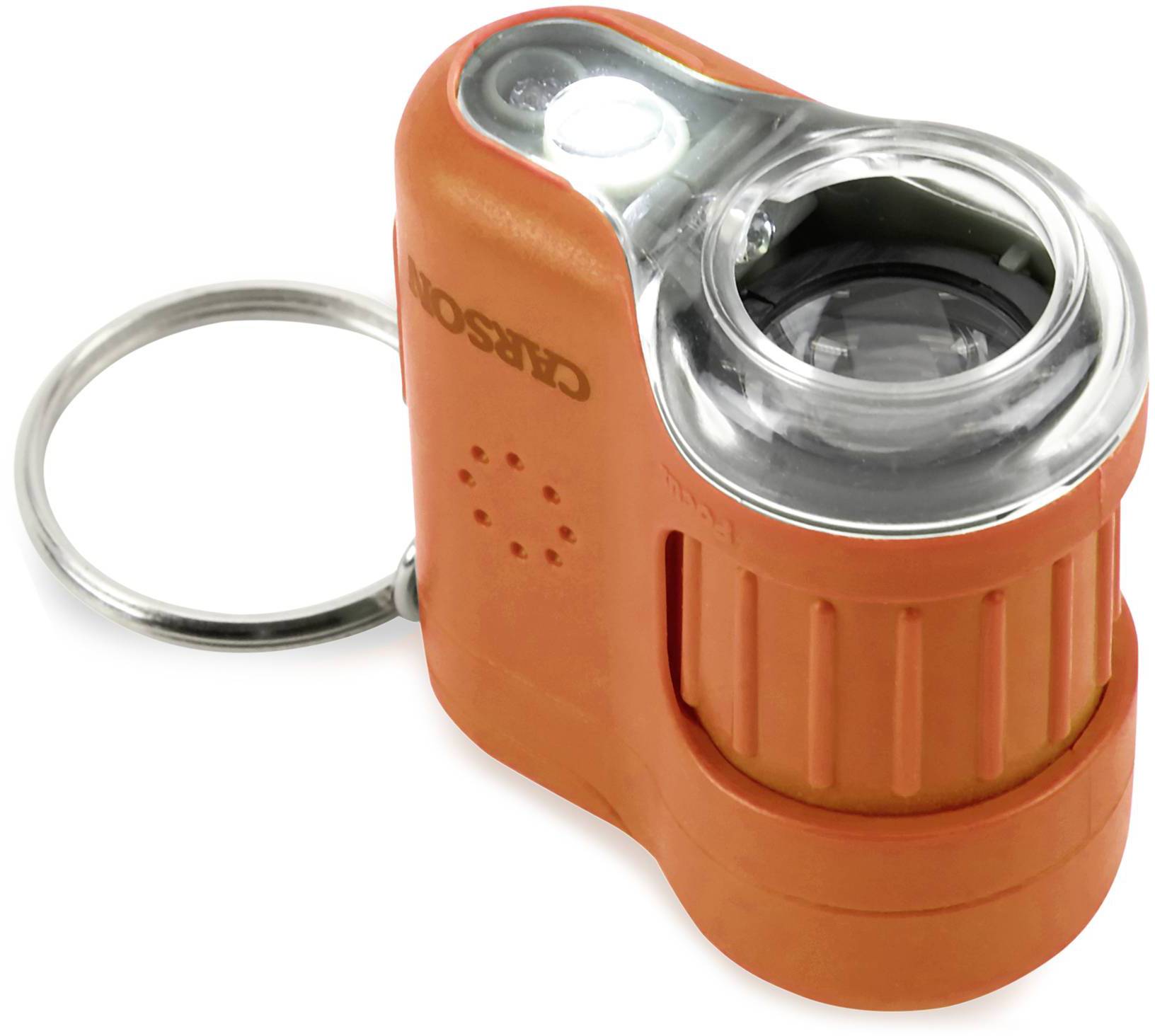 Pomarańczowa, przenośna lupa z lampką i brelokiem. Posiada regulowaną lupę oraz lampkę LED, doskonała w podróży.