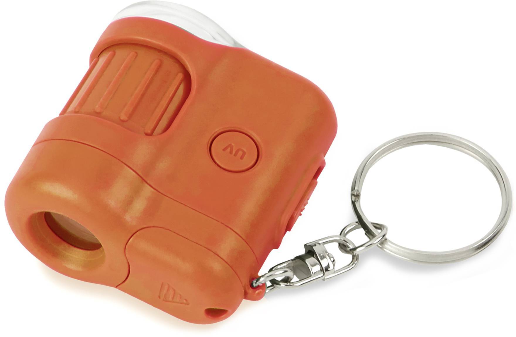 Pomarańczowy, ręcznie napędzany brelok do kluczy z dynamem i latarką, kompaktowy i przenośny, z przyciskiem UV i kółkiem na klucze.