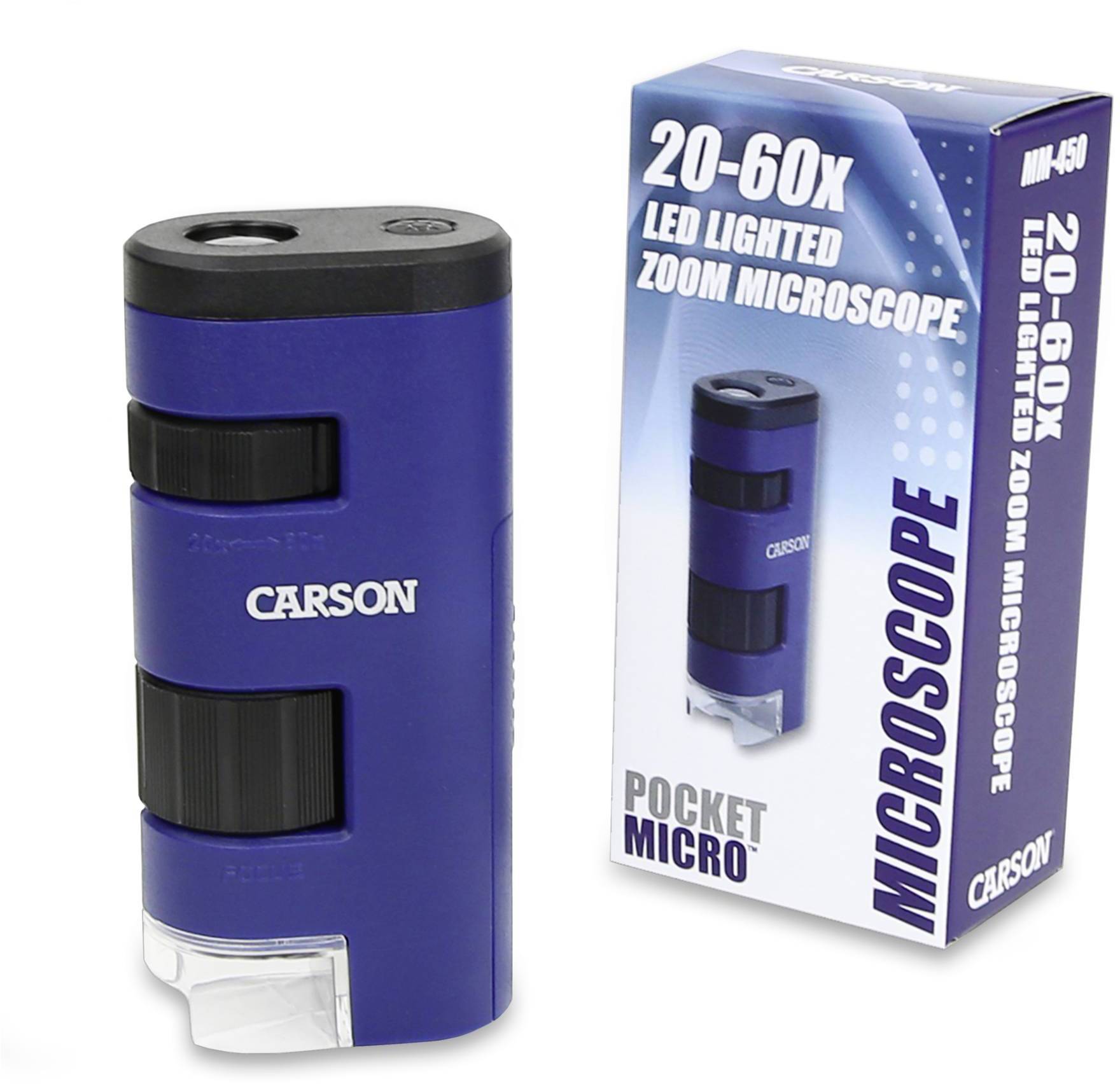 Niebieski, przenośny mikroskop z powiększeniem LED 20-60x i oknem wglądu. Opakowanie prezentuje mikroskop z nazwą marki i wskazówkami użycia.