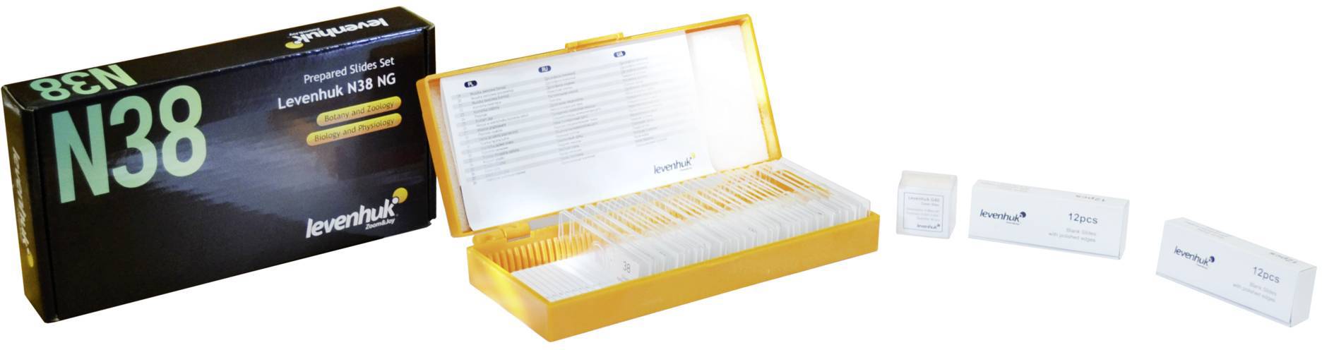 Zestaw preparatów mikroskopowych zawierający 38 gotowych szkiełek podstawowych w żółtym, otwartym etui. Opakowanie oznaczone napisem 'N38' oraz marką 'Levenhuk'.