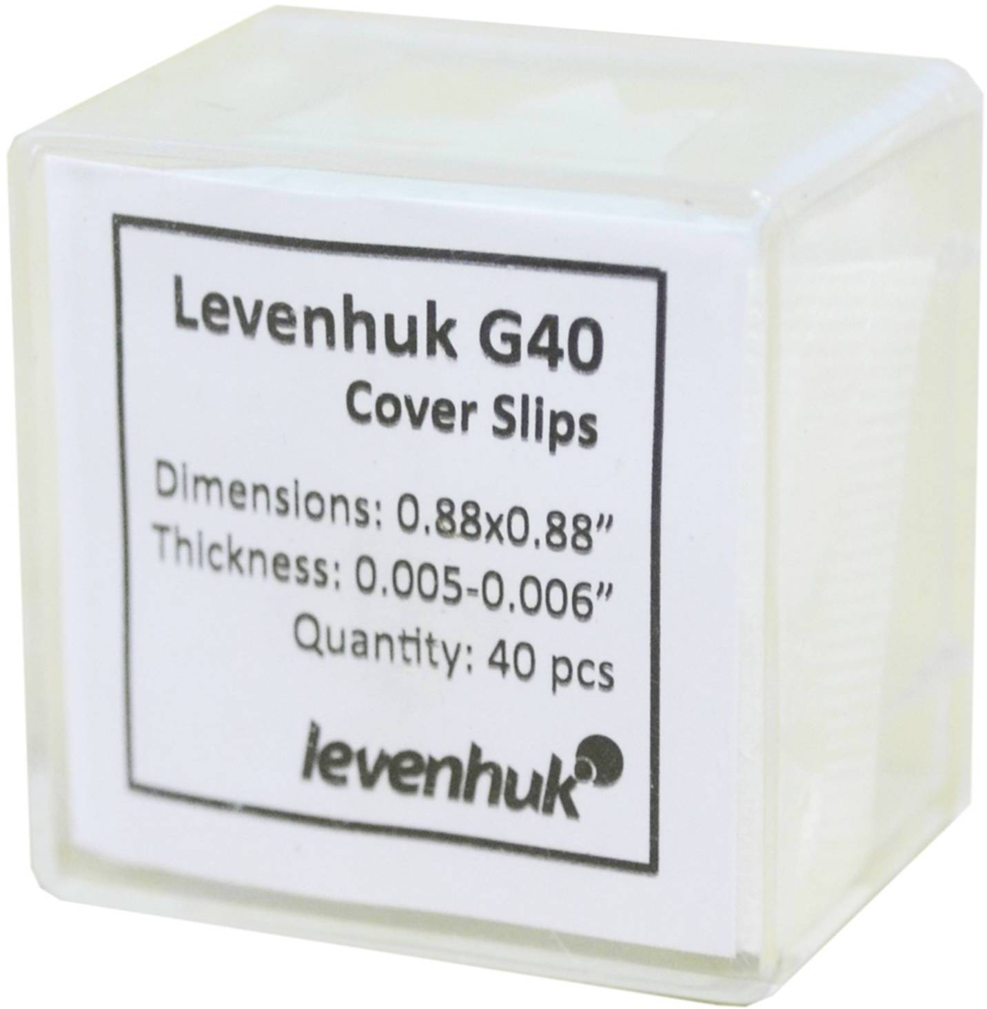 Opakowanie z nakładkami mikroskopowymi marki Levenhuk G40. Na opakowaniu podane są wymiary 0,88 x 0,88 cala i grubość 0,005-0,006 cala. Ilość: 40 sztuk.