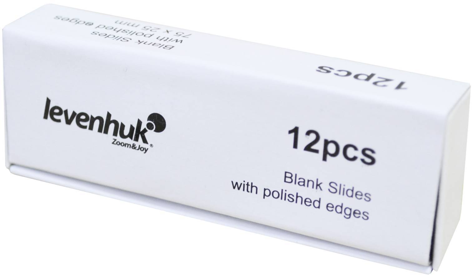 Biała pusta opakowanie na szkiełka mikroskopowe, napis: '12 sztuk, Szklane szkiełka podstawowe z wypolerowanymi krawędziami, 1 x 2 cale, 25 x 75 mm'.