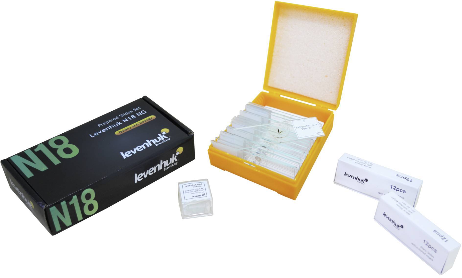 'Zestaw szkiełek mikroskopowych Levenhuk z wieloma szkiełkami podstawowymi i etykietami w pomarańczowym pudełku do przechowywania.'