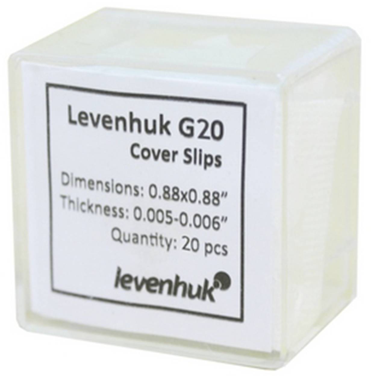Opakowanie z nakładkami szklanymi 'Levenhuk G20'. Wymiary: 0,88x0,88 cala, grubość: 0,005-0,006 cala, liczba: 20 sztuk.