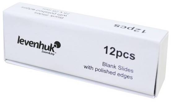 Biała pudełko z napisem '12szt. Szkiełka podstawowe z wypolerowanymi krawędziami'. Zawiera 12 szkiełek podstawowych.