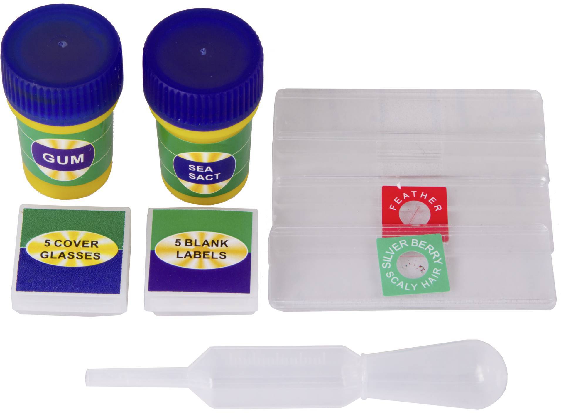 Dwa pojemniki na próbki z etykietami 'Gum' i 'Sea Salt', pięć szkiełek nakrywkowych, pięć arkuszy etykiet, dwa puste pojemniki plastikowe i pipeta.