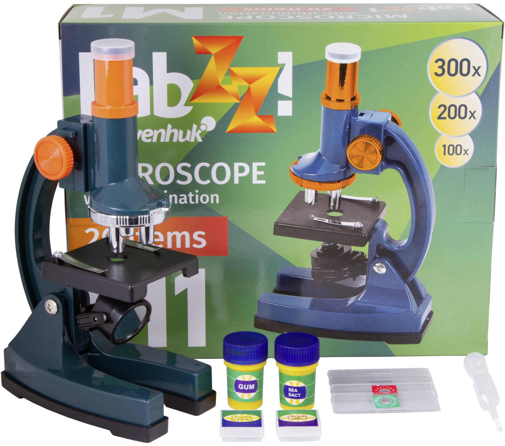 Zestaw mikroskopowy z akcesoriami, oferujący trzykrotne powiększenie (100x, 200x, 300x). Opakowanie prezentuje mikroskop.