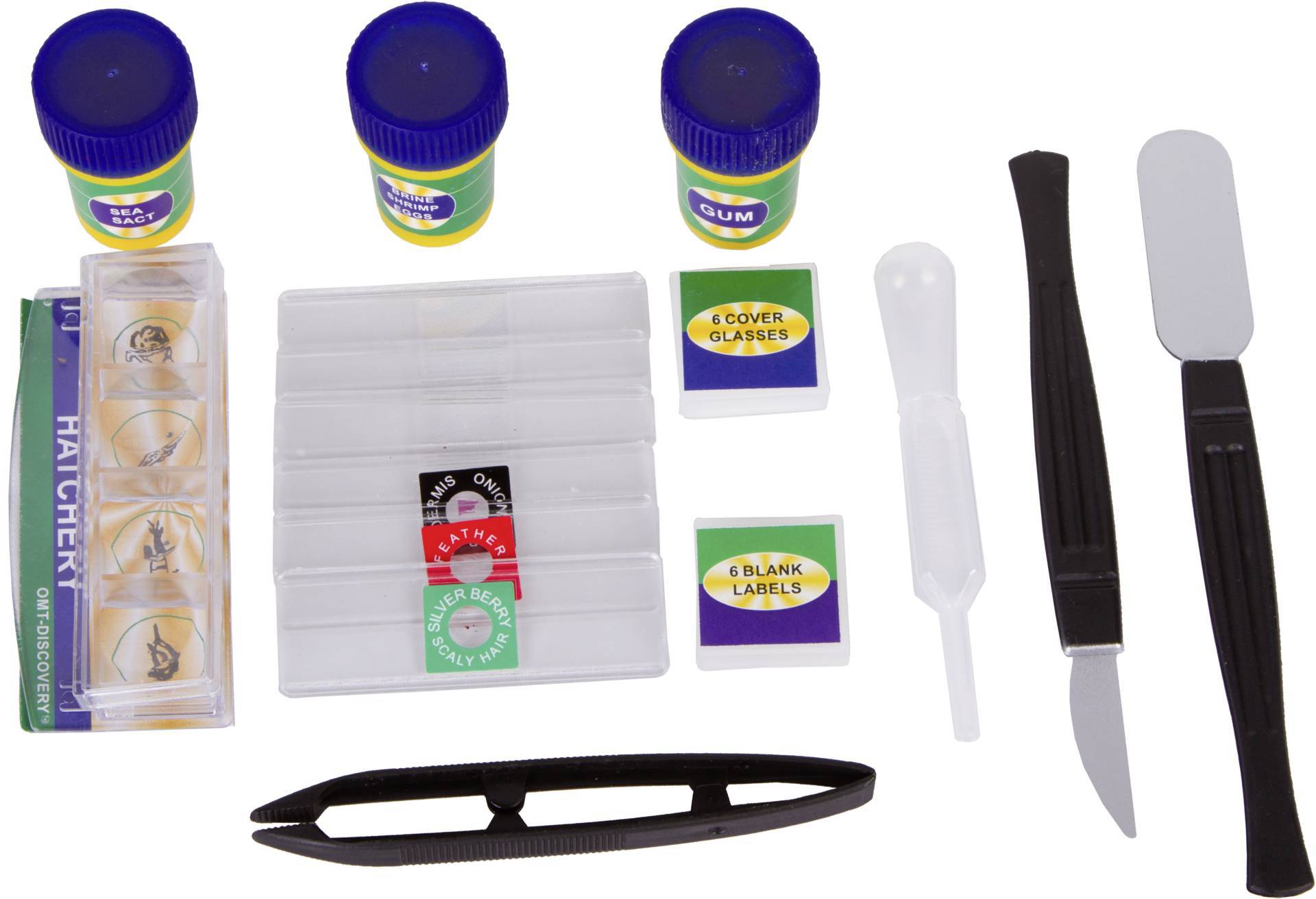 Zestaw mikroskopowy z ostrzami, pęsetą, pipetą, szkiełkami podstawowymi, etykietami i pojemnikami na próbki do badań naukowych.