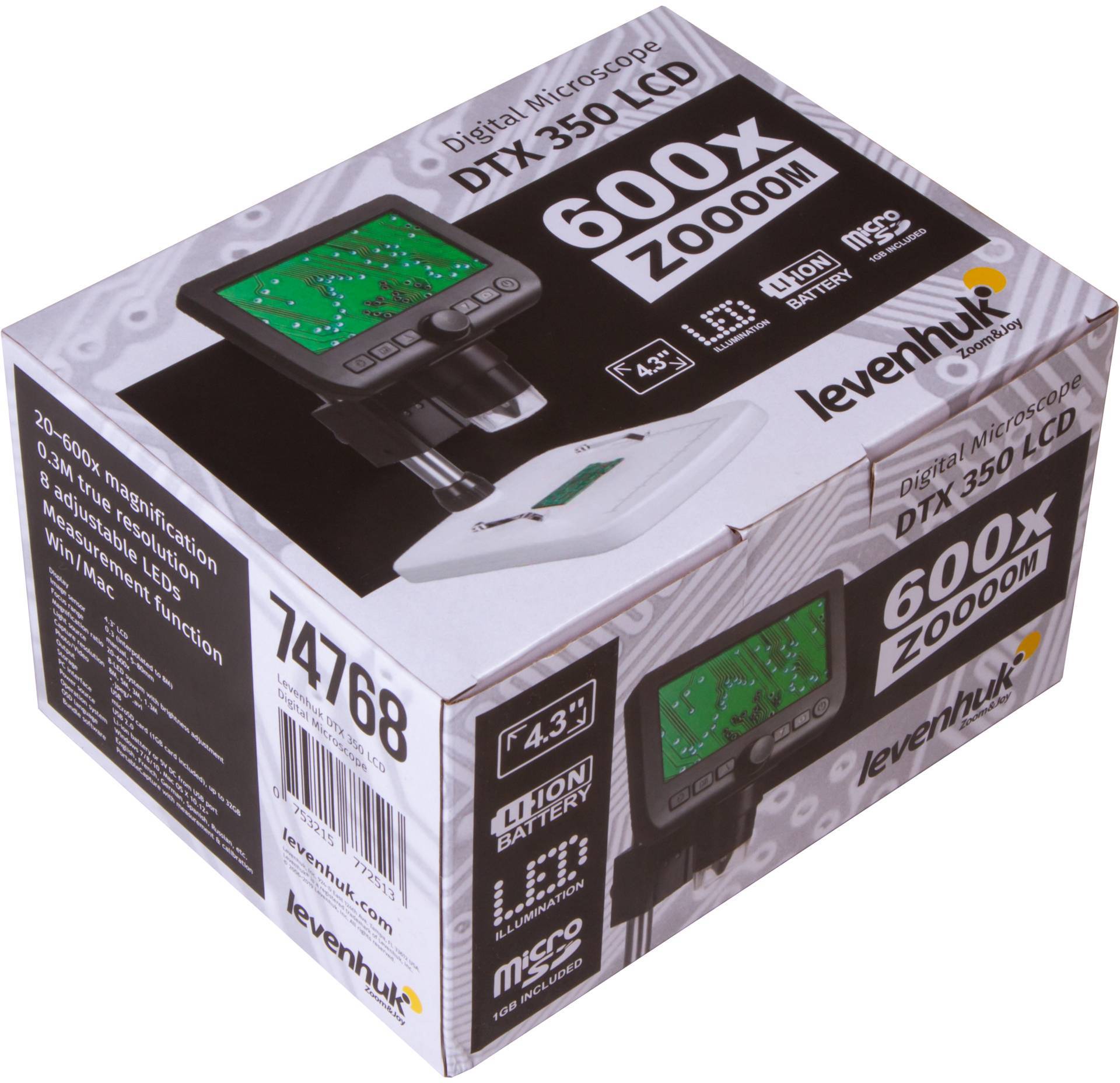 Mikroskop 'Levenhuk DTX 350 LCD' z opakowaniem i specyfikacjami: powiększenie 20-600x, kamera 2 MP, akumulator litowy.