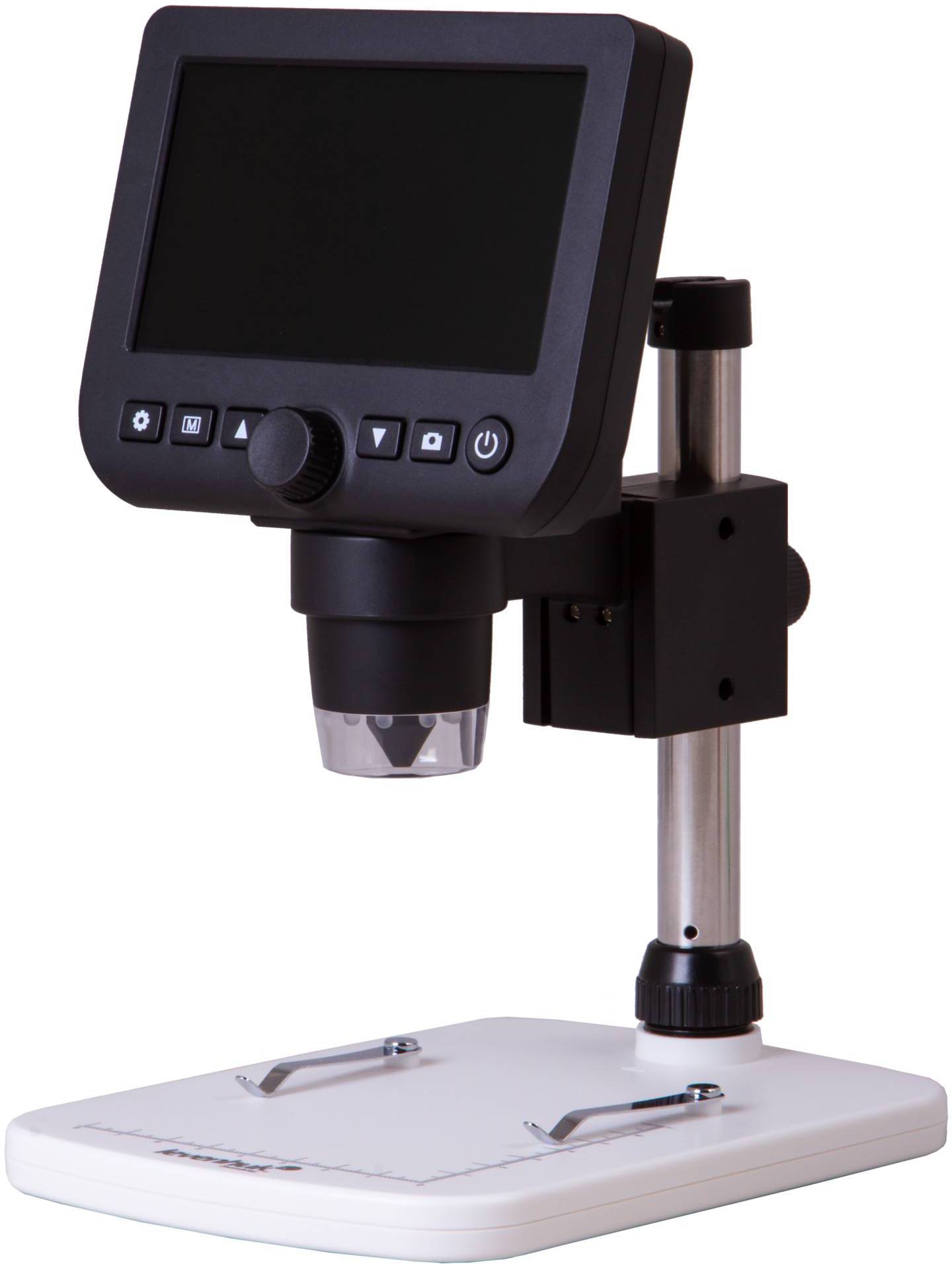 Mikroskop elektroniczne z wyświetlaczem na regulowanym statywie, prezentujące szczegółowe widoki małych obiektów do badania.