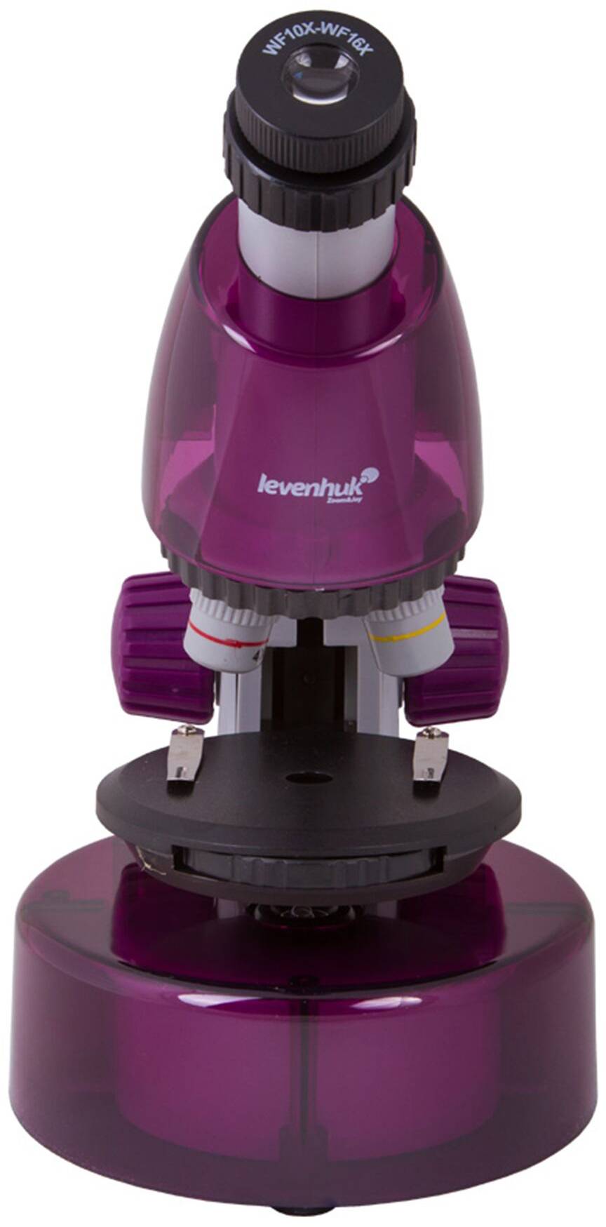 Fioletowy mikroskop na białym tle, odpowiedni dla dzieci, z regulowanym obiektywem i stabilną podstawą do badania próbek.