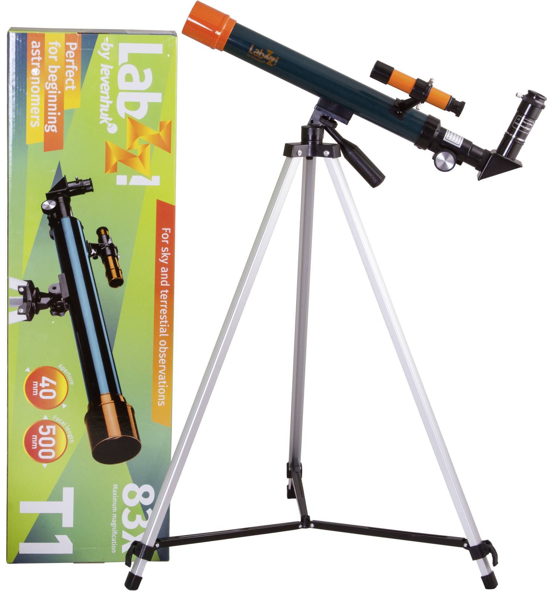 Zielono-pomarańczowy teleskop na srebrnym statywie stoi obok opakowania z napisem 'LabZZ T1'.