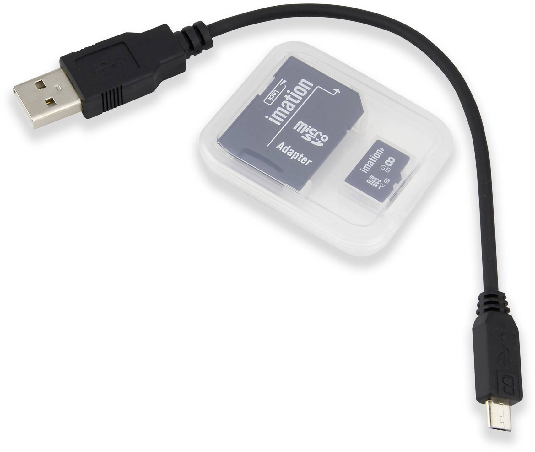 Kabel USB obok karty microSD w adapterze. Karta microSD o pojemności 8 GB mieści się w przezroczystym adapterze.