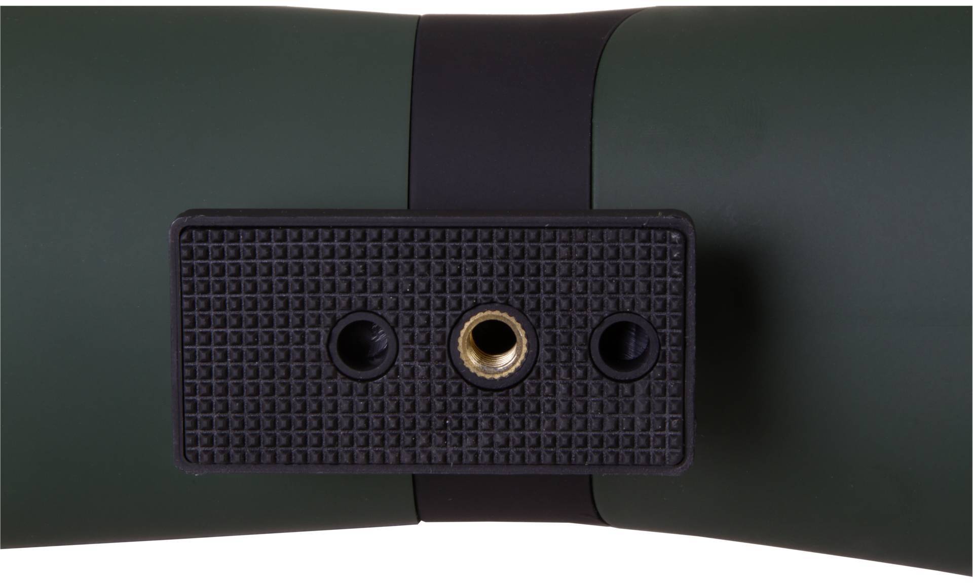 Zielona lornetka z mocowaniem statywu pośrodku, umożliwia stabilną obserwację w terenie.