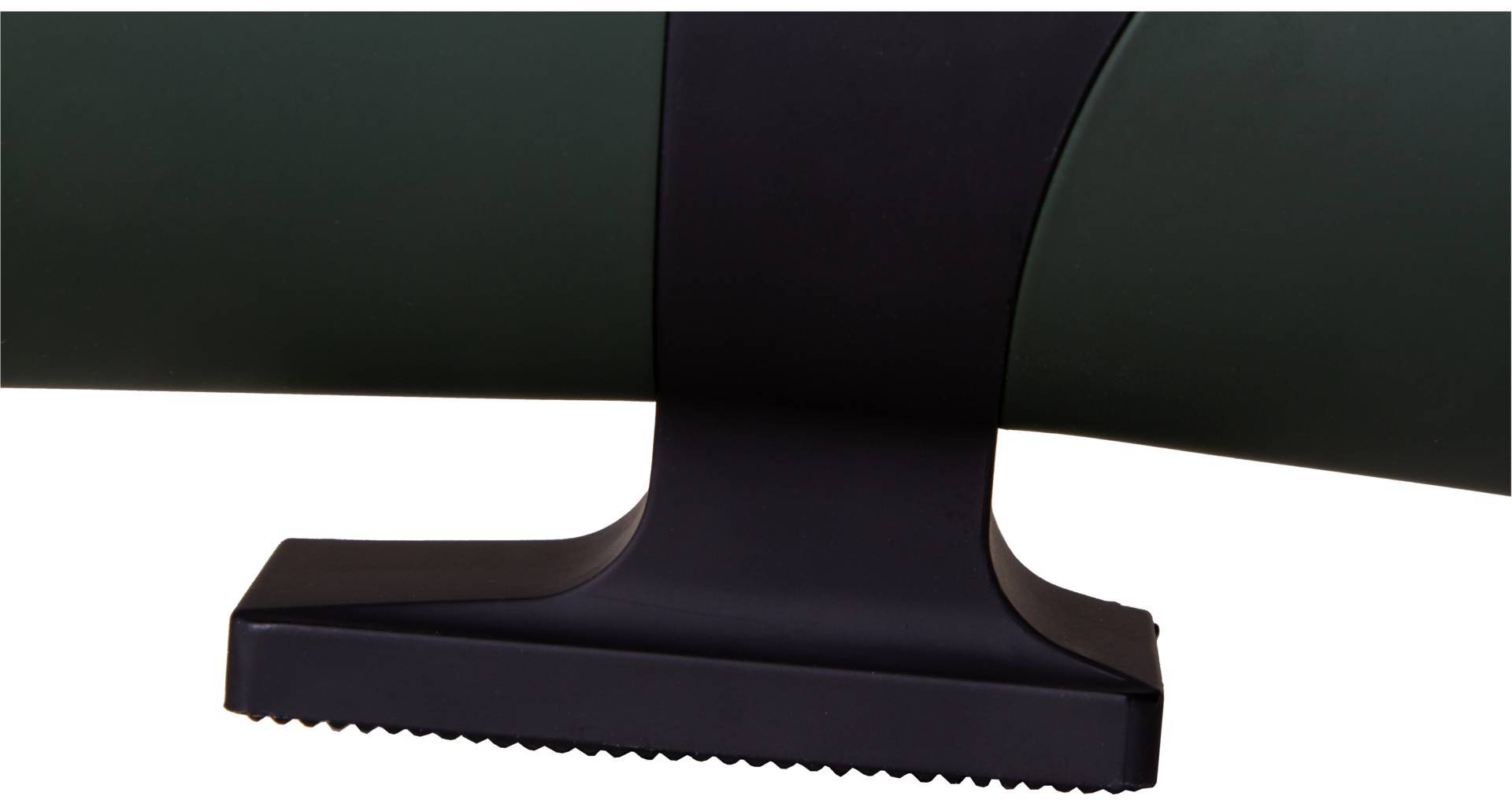 Zbliżenie czarnego stojaka podtrzymującego cienki, płaski obiekt, prawdopodobnie ekran. Struktura powierzchni jest gładka.