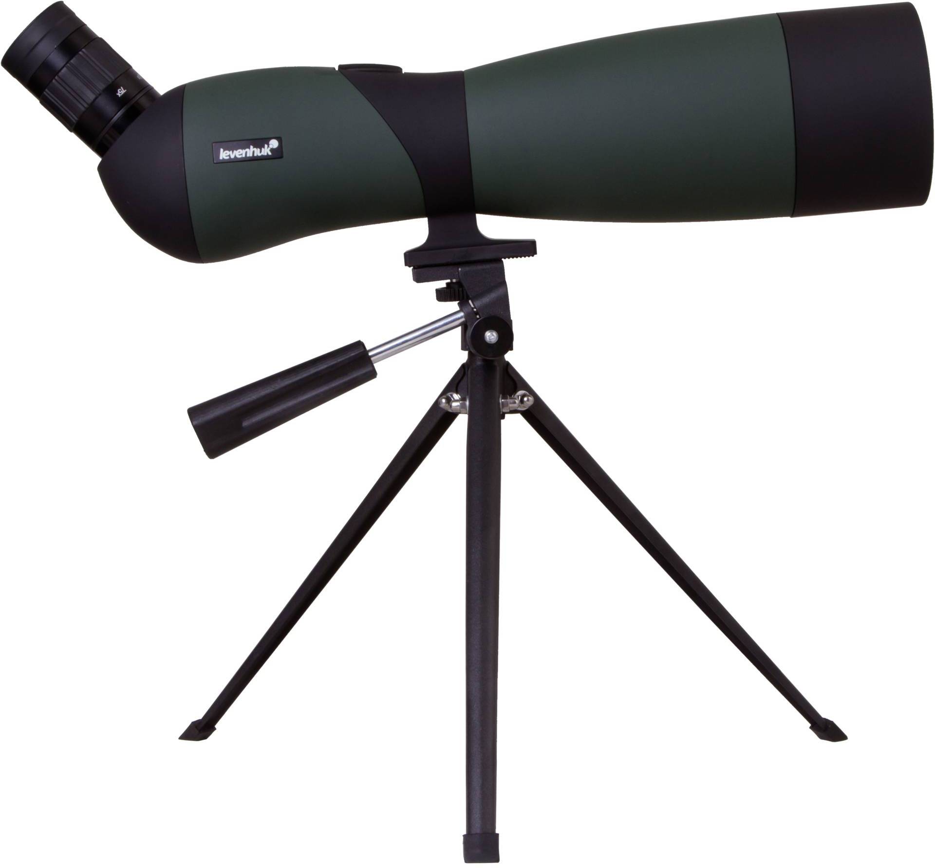 Zielona luneta zamocowana na czarnym trójnogu. Jest ustawiona bokiem i skierowana w prawą stronę.