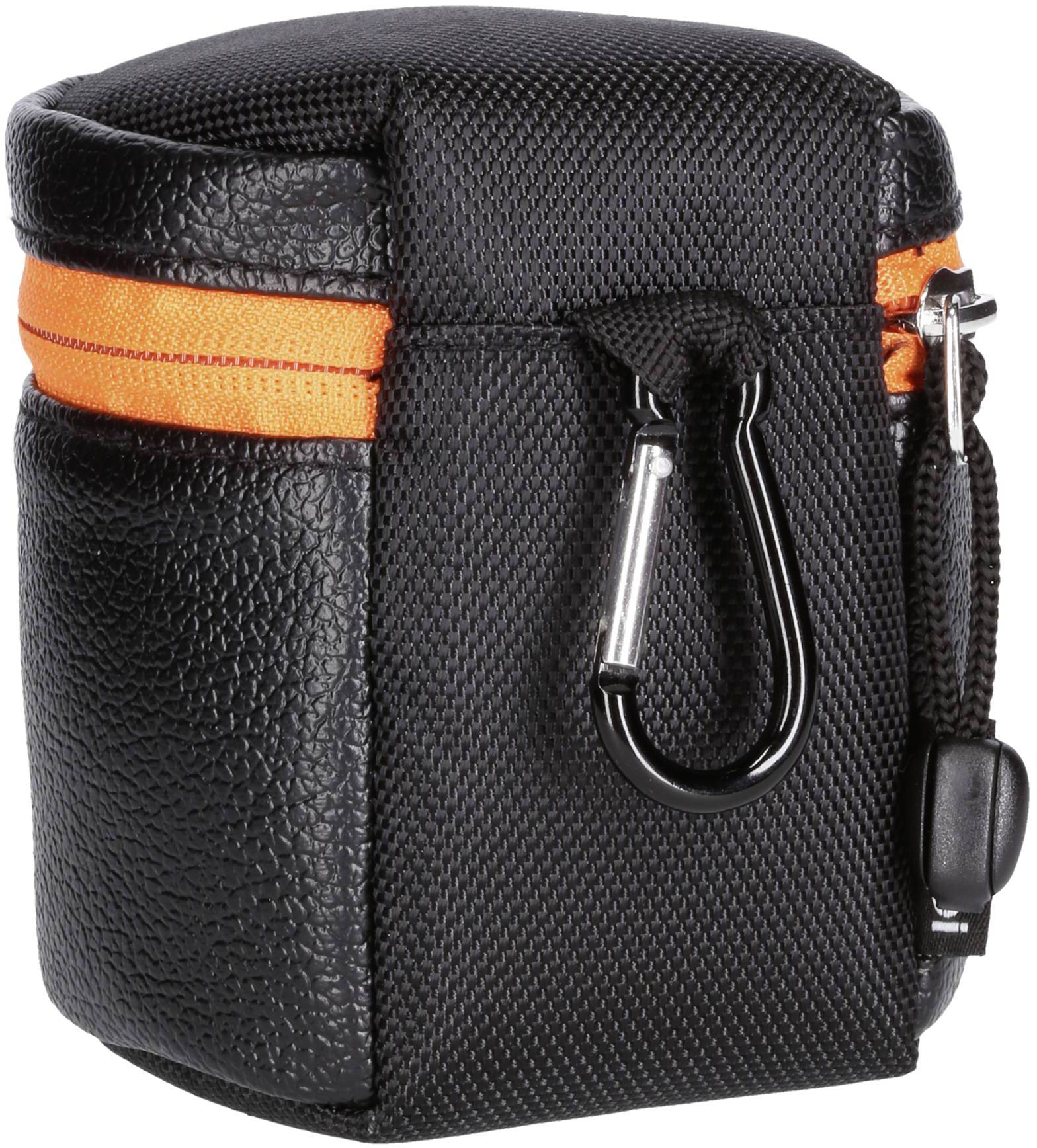 Czarna torba na aparat fotograficzny z pomarańczowym zamkiem błyskawicznym i karabińczykiem z boku.