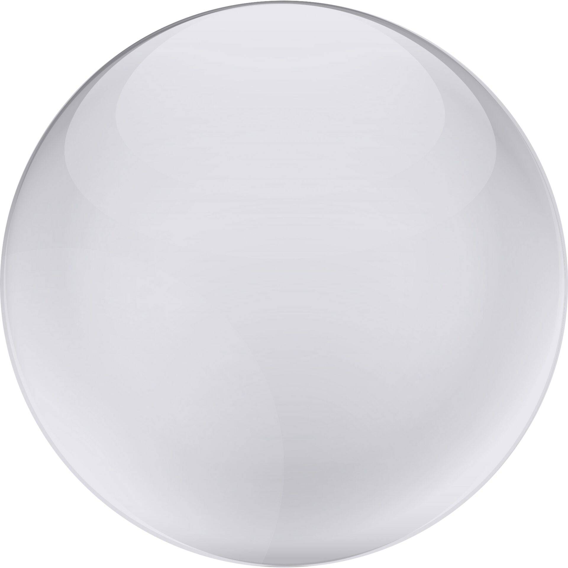 Błyszcząca, przezroczysta kula na białym tle, odbijająca światło i sprawiająca wrażenie lekkości.