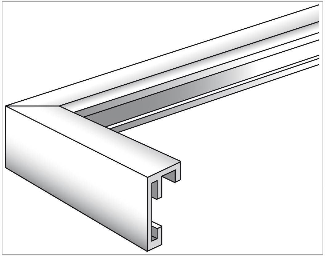 Prostokątna aluminiowa rama, przedstawiona w perspektywie, posiada rowek do mocowania płyt lub szyb.