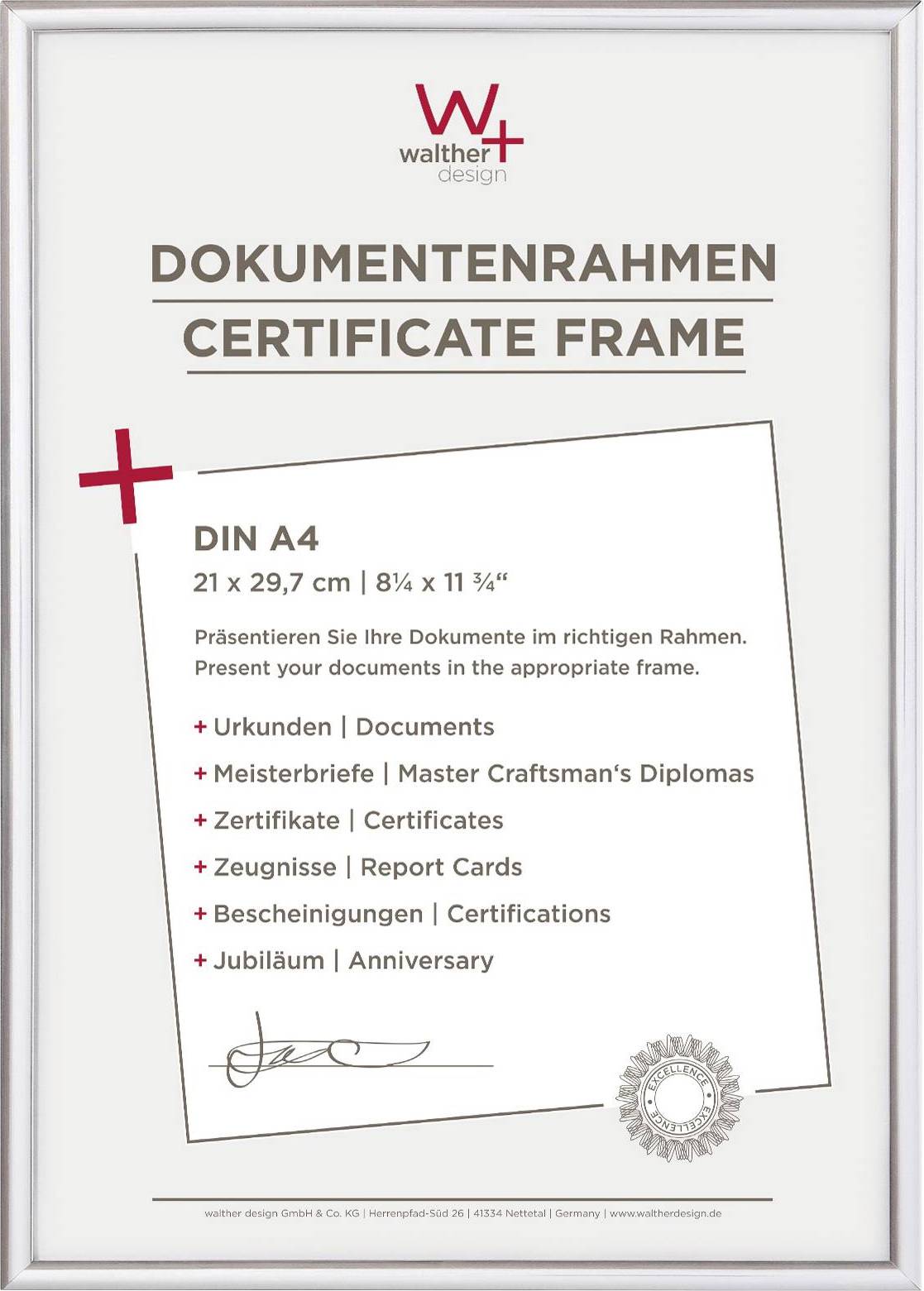 Ramka dokumentowa do dokumentów, dyplomów mistrzowskich, certyfikatów, świadectw, zaświadczeń i jubileuszy, wymiary: DIN A4, 21 x 29,7 cm.