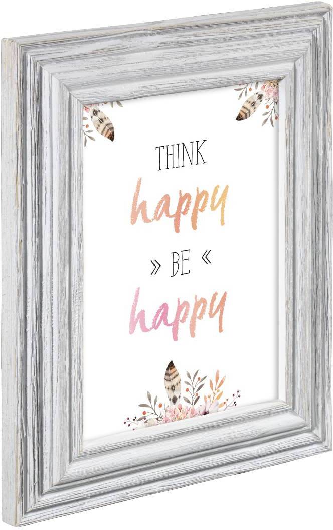 Rustykalną ramę drewnianą otacza cytat: 'Myśl pozytywnie, bądź szczęśliwy', ozdobiony elementami roślinnymi i piórkami.