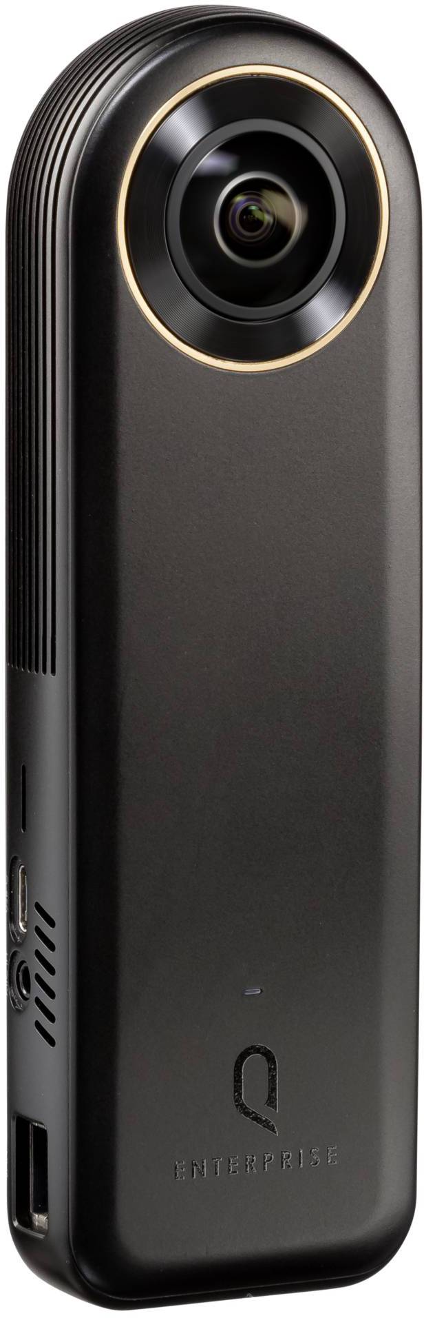 Czarna kamera 360-stopniowa w orientacji pionowej, z zaokrąglonymi narożnikami i widocznym obiektywem u góry.