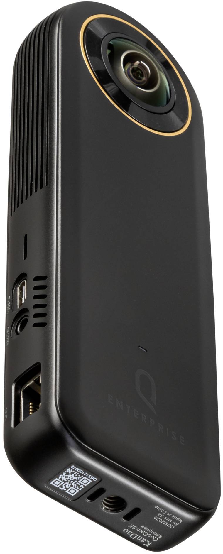 Czarna kamera 360-stopniowa o zaokrąglonych krawędziach i wyrazistym obiektywie, idealna do nagrań immersyjnych i treści VR.