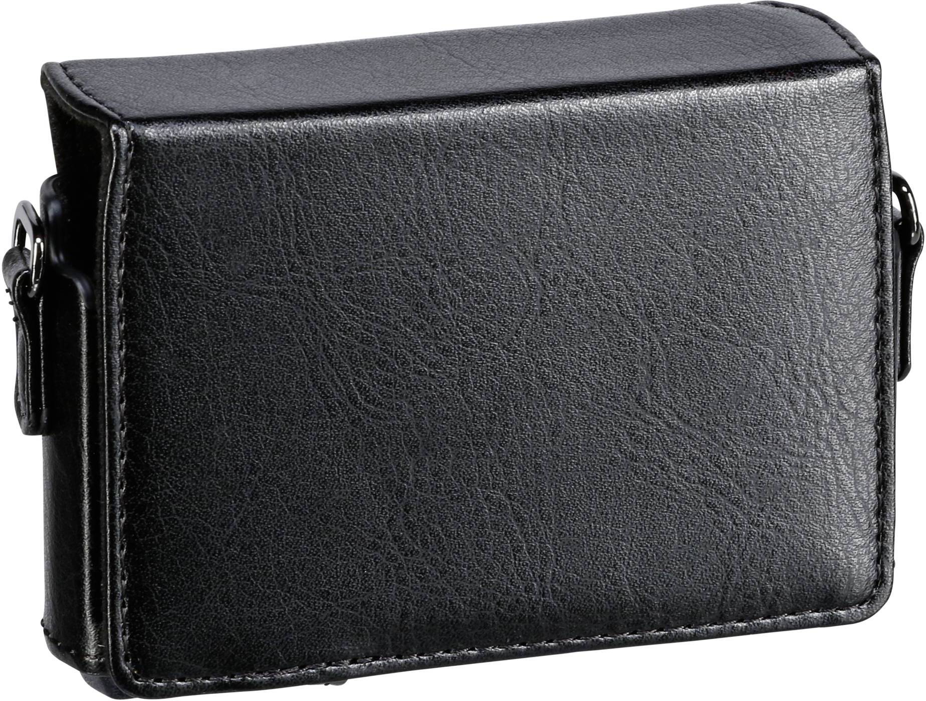 Czarna skórzana torba na aparat fotograficzny z fakturowaną powierzchnią, zamknięta, sfotografowana z boku.