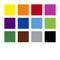 Dwanaście kolorowych kwadratów w trzech rzędach, od góry do dołu: Żółty, Pomarańczowy, Czerwony, Różowy, Fioletowy, Niebieski, Jasnoniebieski, Zielony, Ciemnozielony, Brązowy, Szary, Czarny.