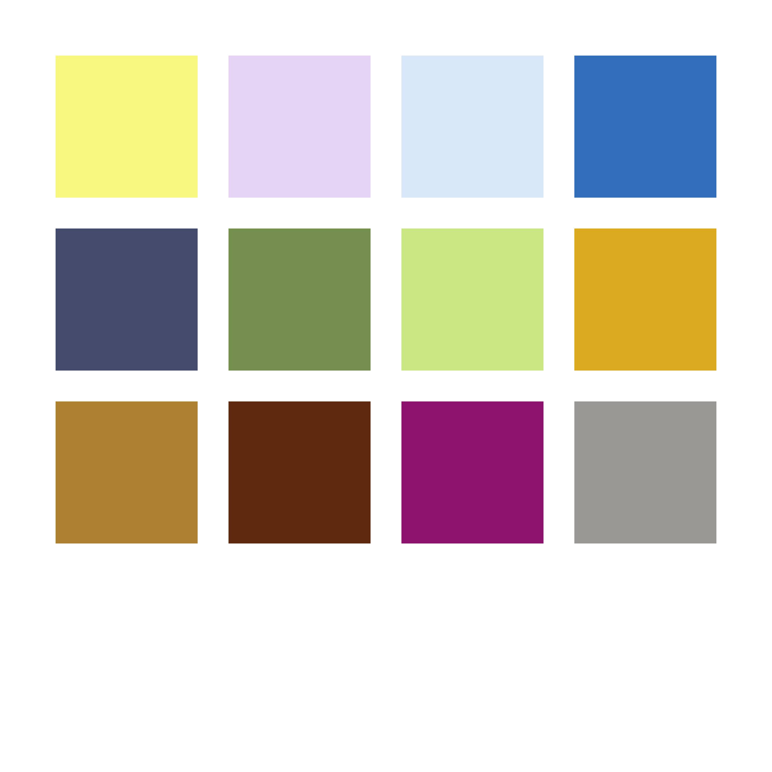 Dwanaście pól kolorów w trzech rzędach: Żółty, Jasnofiołkowy, Jasnoniebieski, Niebieski; Ciemnoniebieski, Zielony, Jasnozielony, Ochra; Brązowy, Ciemnobrązowy, Magenta, Szary.