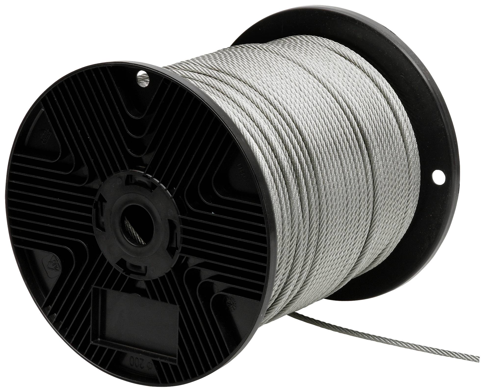 Rolka szarego drutu stalowego nawinięta na czarnej szpuli. Odpowiednia do zastosowań przemysłowych.