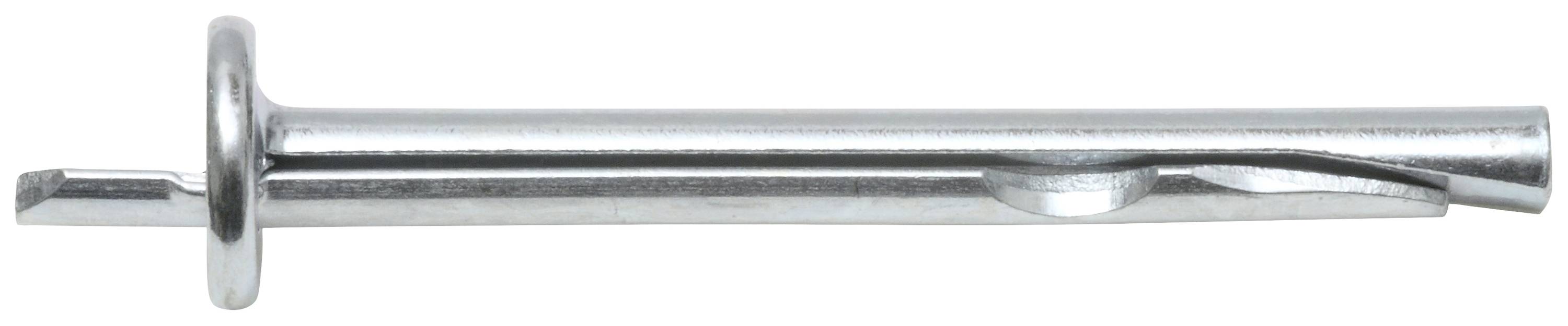 Srebrny metalowy sworzeń z szeroką, okrągłą podstawą po lewej stronie i wąskim czubkiem po prawej stronie.