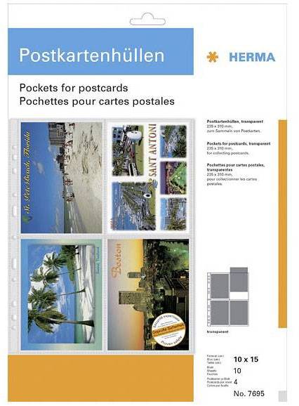 Opakowanie na koszulki na pocztówki firmy Herma, prezentujące przykłady rozmieszczenia pocztówek. Mieści 10 szt. przezroczystych koszulek na pocztówki o rozmiarze 10x15 cm.