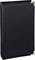 Prostokątny, czarny segregator z metalowymi, srebrnymi okuciami na rogach, stojący pionowo.