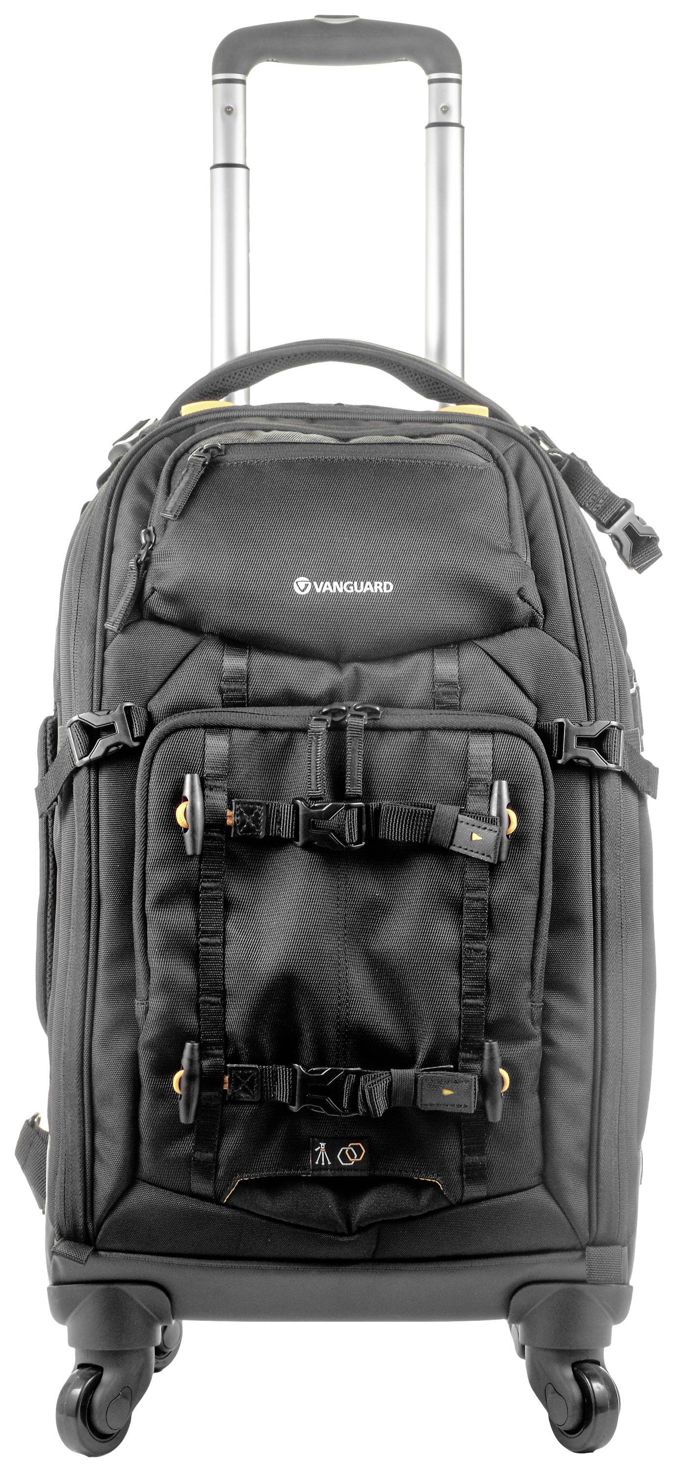 Czarny walizka na kółkach z wieloma kieszeniami, wysuwaną rączką i czterema kółkami, odpowiednia do podróży. Widoczna nazwa marki 'Vanguard'.