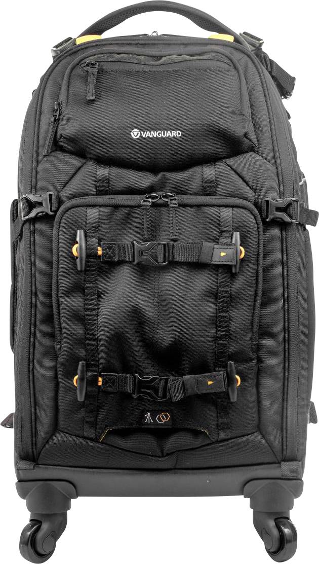 Czarny walizka na kółkach marki Vanguard z wieloma komorami i regulowanymi paskami. Idealna do przewożenia sprzętu fotograficznego podczas podróży.