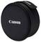 Okrągła, czarna torba Canon, prawdopodobnie na aparat lub obiektyw, z zamkiem błyskawicznym u góry i białym logo Canon.