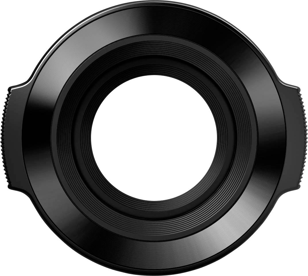 Czarny obiektyw aparatu fotograficznego w ujęciu zbliżonym, sfotografowany z przodu.