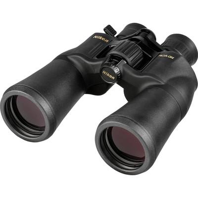 Czarna lornetka Nikon z czerwonymi soczewkami, z regulowaną ostrością. Idealna do obserwacji.