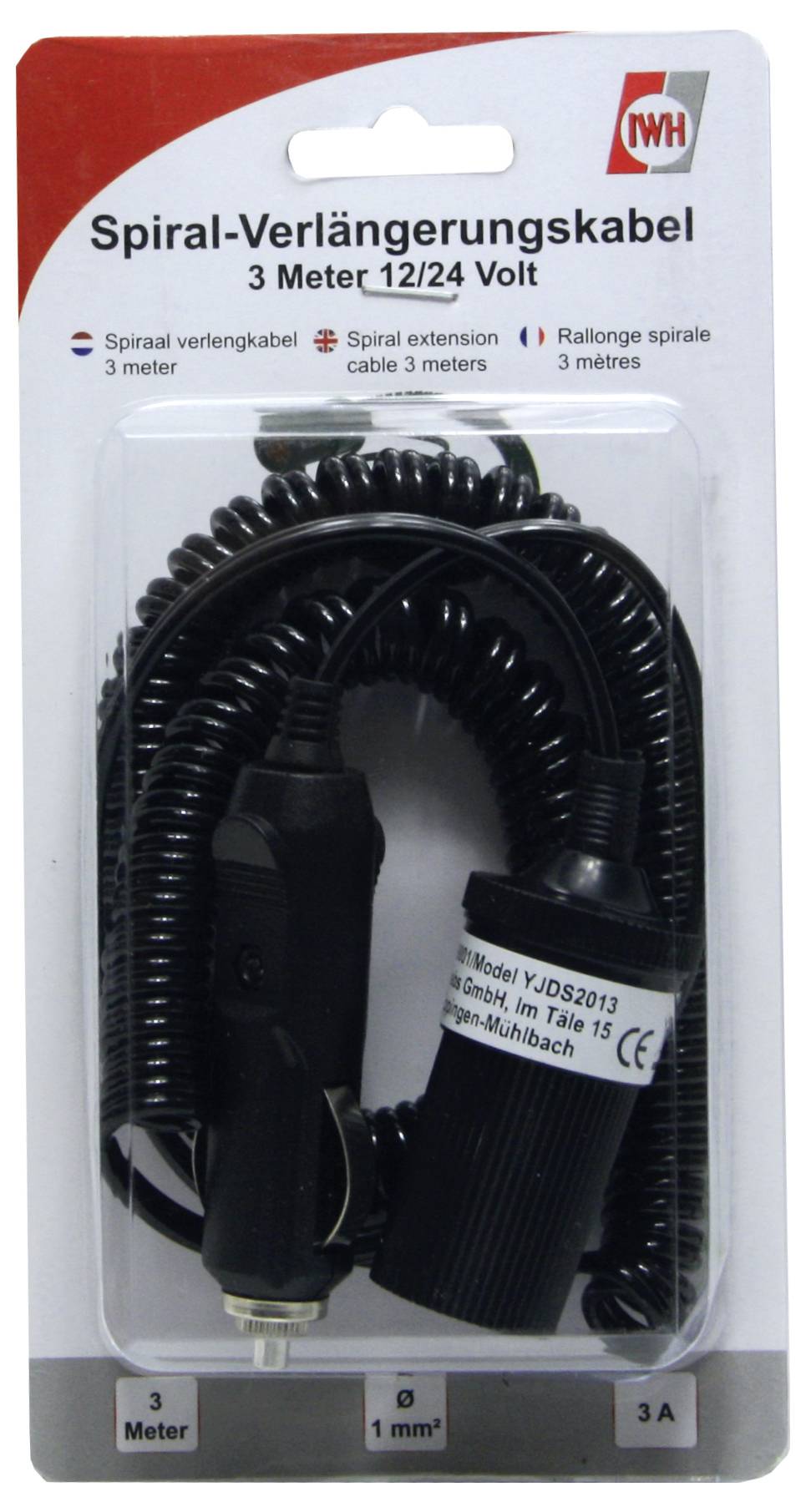 'Spiralny kabel przedłużający 3 metry 12/24 Volt.' Czarny kabel spiralny do zapalniczki samochodowej, odpowiedni dla natężenia prądu 3A. Opakowanie pokazuje szczegóły produktu.