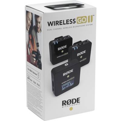 Opakowanie systemu mikrofonowego RØDE Wireless GO II, prezentujące dwa czarne bezprzewodowe mikrofony oraz odbiornik.