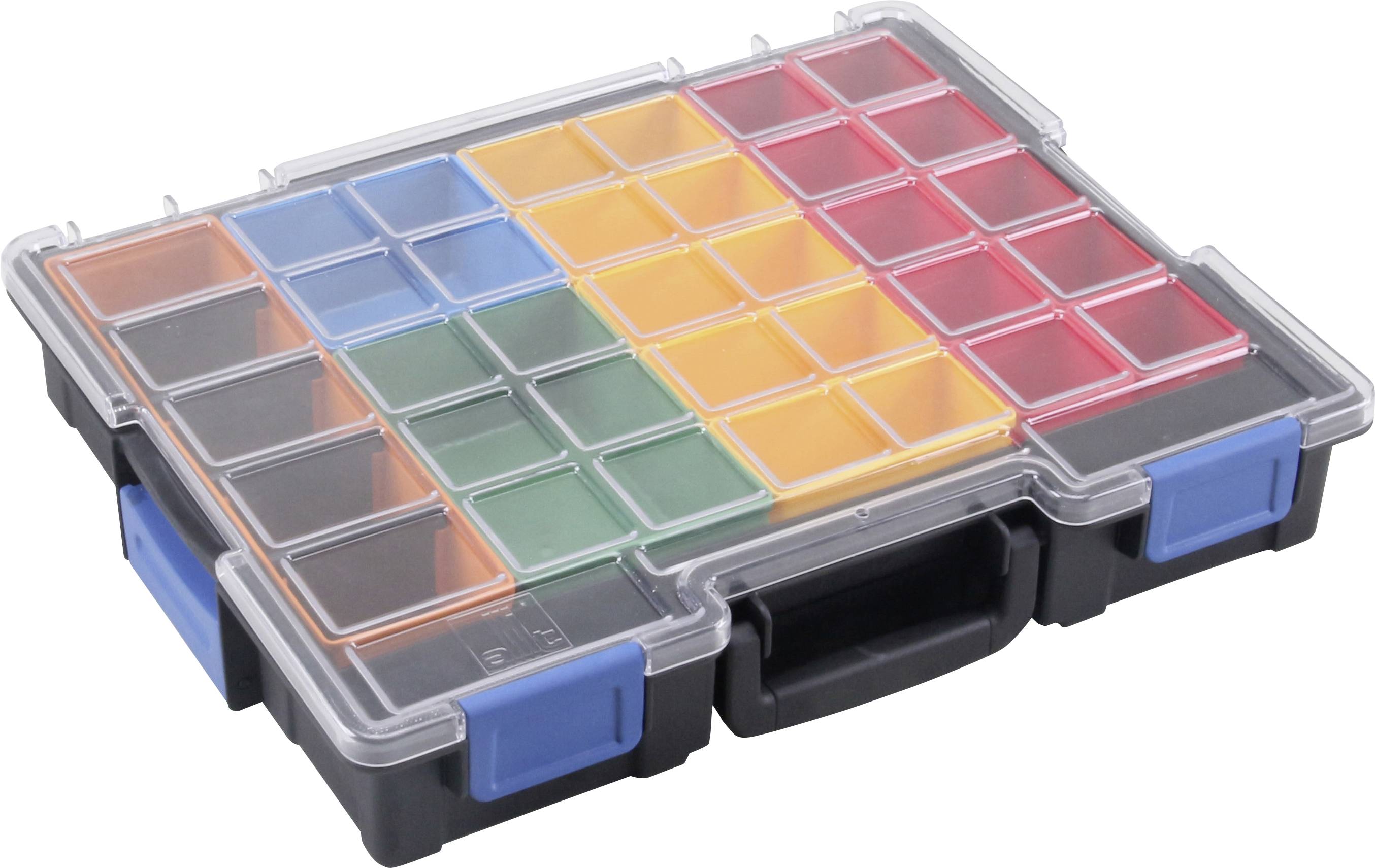 Pudełko sortujące z kolorowymi, wyjmowanymi przegródkami w różnych rozmiarach, idealne do przechowywania małych elementów lub narzędzi.